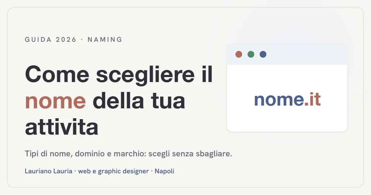 Illustrazione con titolo "Naming: come scegliere il nome della tua attività" e piccola targa con l'insegna di un'attività.