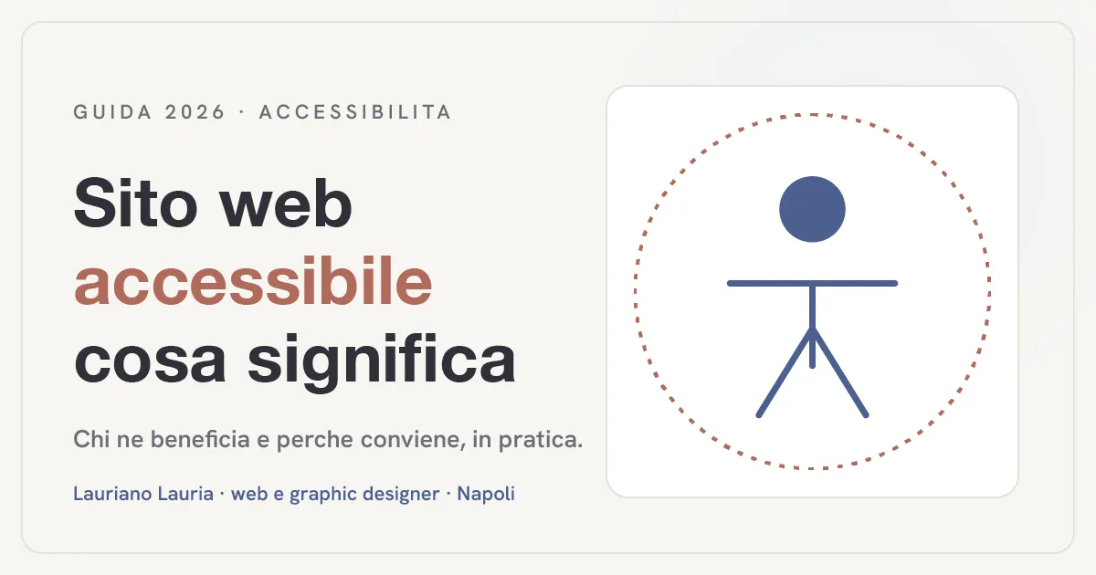 Illustrazione con titolo "Sito web accessibile: cosa significa e perché conviene" e icona di accessibilità web con simbolo di contrasto colori.